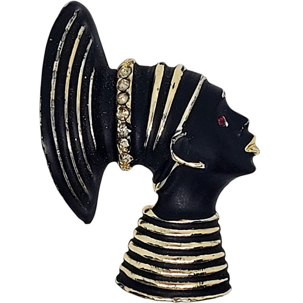 Vintage Luxe Blackamoor Queen Brooch Retro Statement‎ Enamel Rhinestone Pin